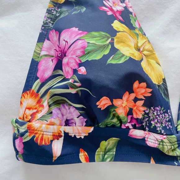 Kona Sol Tropical Print Longline Bikini Top navy blue medium 8/10nswimsuit - Picture 9 of 16